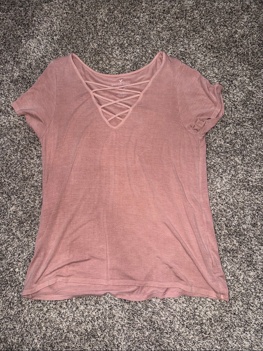 American Eagle Outfitters Rose Pink Crisscross V-Neck Short Sleeve Tee